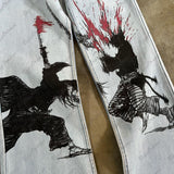 y2k medieval samurai print jeans vintage high street hip hop loose wide leg mens and womens trousers baggy jeans women ripped baggy denim
