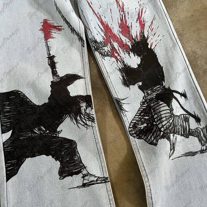 y2k medieval samurai print jeans vintage high street hip hop loose wide leg mens and womens trousers baggy jeans women ripped baggy denim