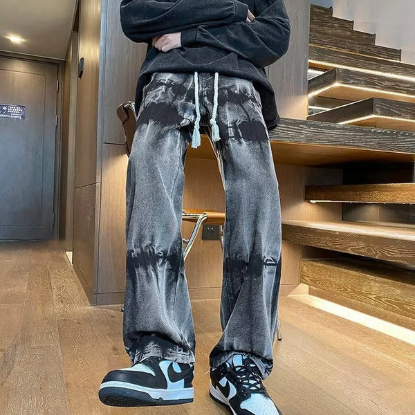 2025 new tie dye retro drawstring jeans for men baggy high street straight pants hip hop fashion casual y2k jean hombre pantalon stacked flare jeans