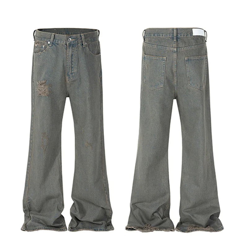grey green damaged micro flared jeans mens straight streetwear y2k ropa hombre baggy denim trousers oversized casual cargo pants baggy cargo bottoms