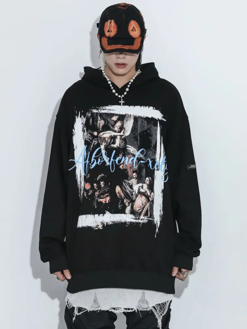 skatercore crying character featuring rainbowtouches hoodie men high street retro letter printing pattern hip hop harajuku women loose coat unisex superior quality