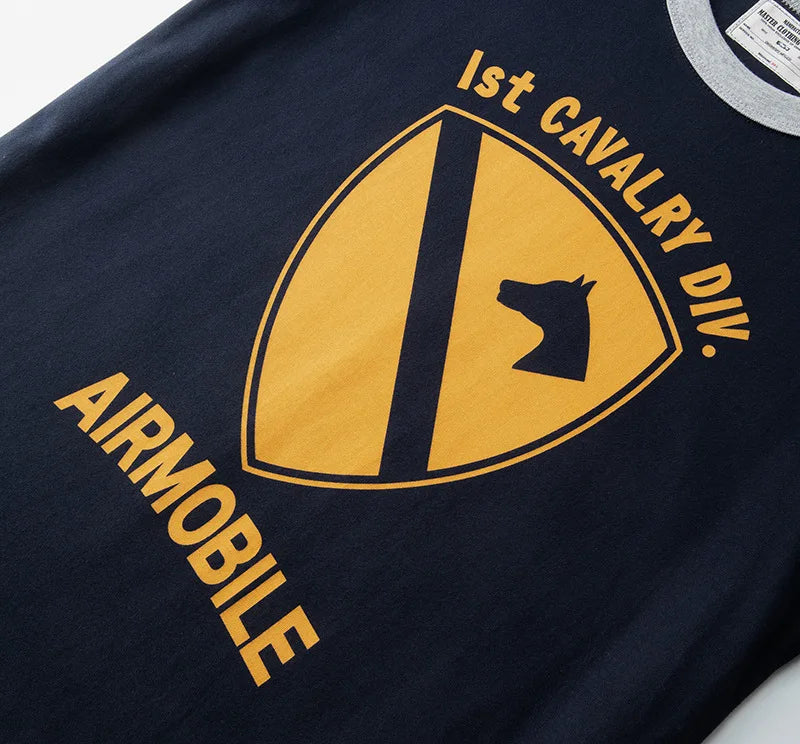 Summer Short Sleeved Men'S Military Retro Cavalry Division Letter Printing Casual Cotton Breathable Color Matching Round Neck