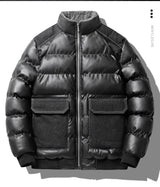 Winter new men's cotton thickened jacket slim stand-up collar splicing PU leather large pocket cotton-padded coat men