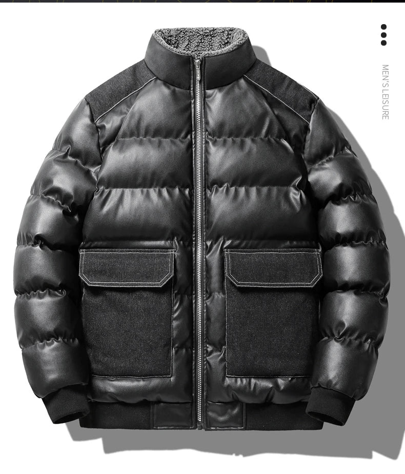 Winter new men's cotton thickened jacket slim stand-up collar splicing PU leather large pocket cotton-padded coat men