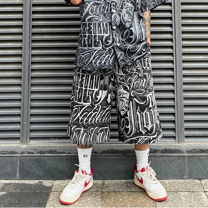 streetwear west coast full print floral over knee shorts for men summer patchwork wide leg baggy five points pants oversized drawstring street shorts