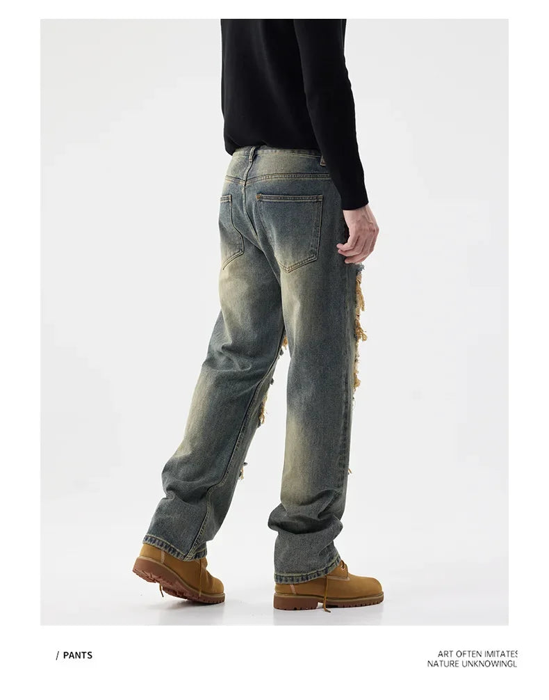 men broken hole patch loose casual plus size straight ripped denim pants jeans man streetwear fashion baggy jeans trousers unique jeans style 3160