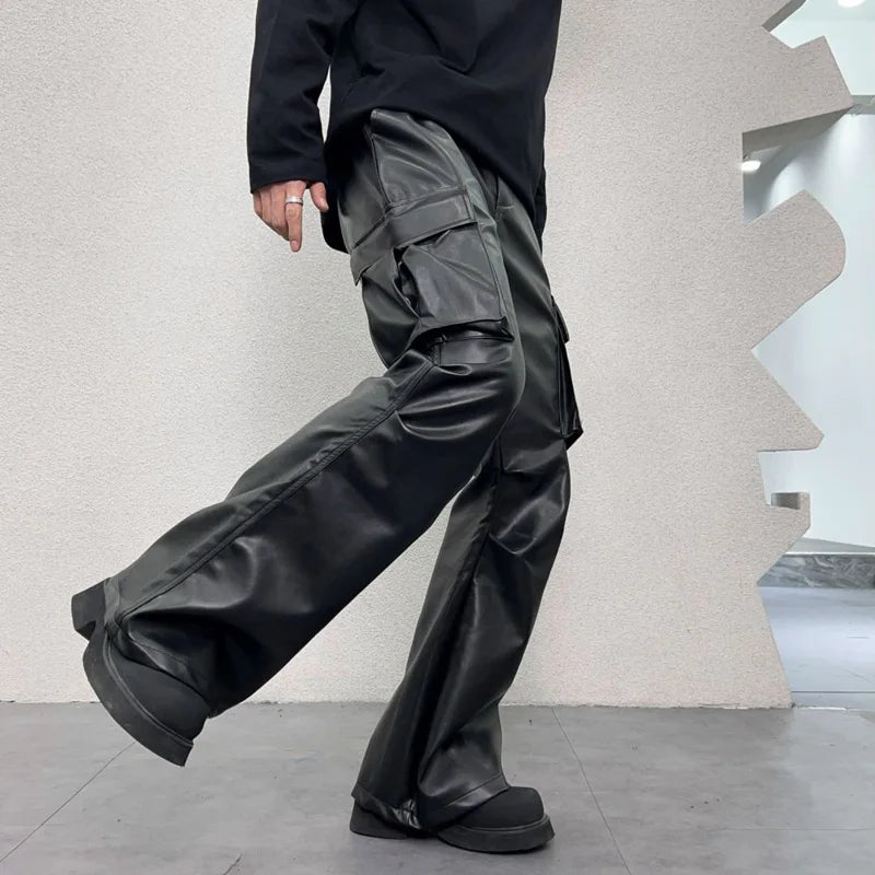 pu leather pants mens streetwear fashion hip hop vibe casual faux leather cargo flared pant men motorcycle trousers unique cargo style 3072
