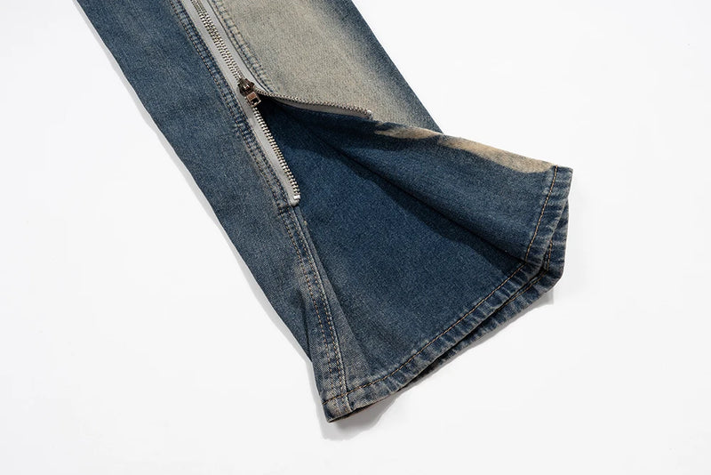 Ro Style Gradient Blue Horn Stacked Floor Dragging Jeans Unisex Streetwear Baggy Y2K Ribbons Zipper Denim Trousers Oversized