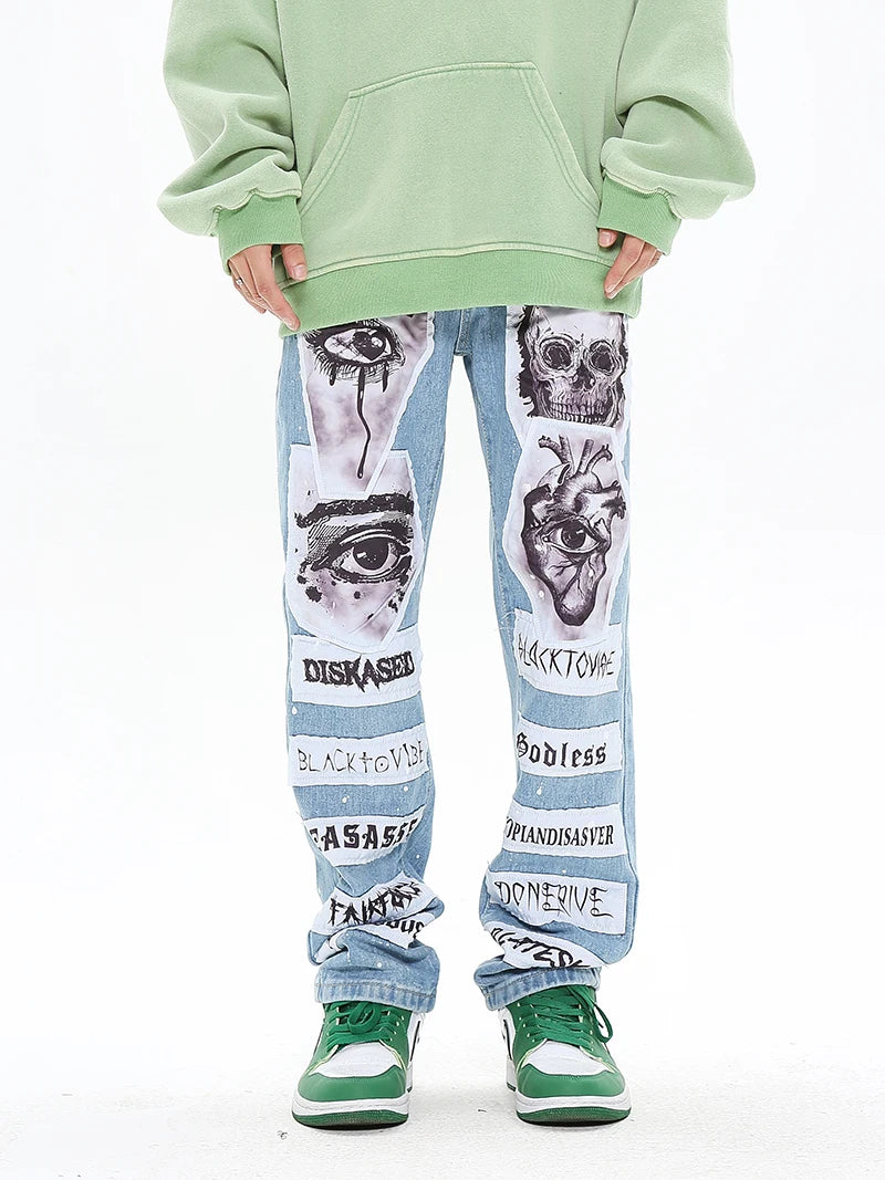 fashion skull graffiti patchwork denim jeans mens zipper jeans hip hop streetwear casual harajuku straight joggers jeans pants unique joggers style 1003