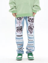 fashion skull graffiti patchwork denim jeans mens zipper jeans hip hop streetwear casual harajuku straight joggers jeans pants unique joggers style 1003