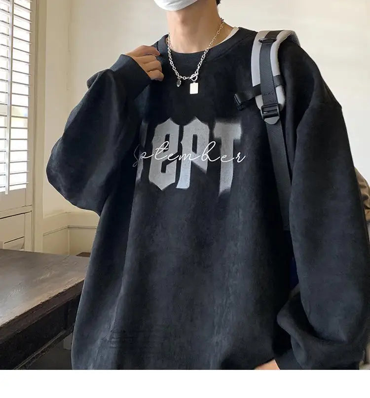Suede Korean Trendy Round Neck Sweatshirt for Men American Retro Print Trendy Brand Autumn Loose Couple Wear Jacket Tops