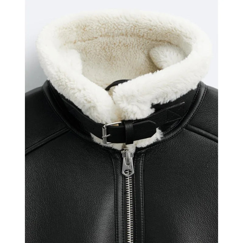 Warm Winter High-quality Lapel Suede Cashmere Piping Double-sided Motorcycle Punk Leather Jacket For Men