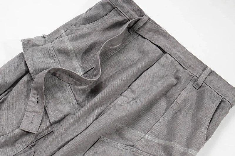 streetwear big pockets sashes pleated baggy jeans for men and women washed straight casual cargo pants oversize denim trousers unique cargo style 148