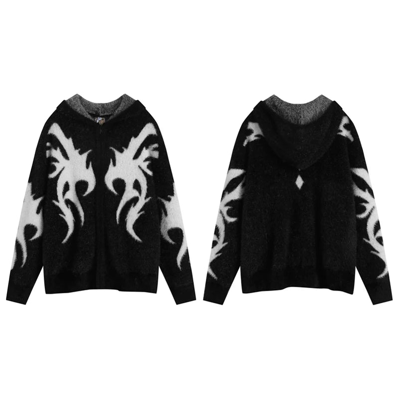 mens hooded cardigan sweater fashion harajuku pattern streetwear hip hop zipper warm knitted sweaters hood coats unisex jumpers - high quality cotton hoodie, oversized streetwear hoodie, bold artwork streetwear hoodie