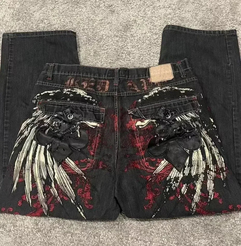 baggy jeans men and women retro harajuku hip hop high waist wide leg trouser y2k new protect jeans letter embroidery washed blue unique jeans style 2535