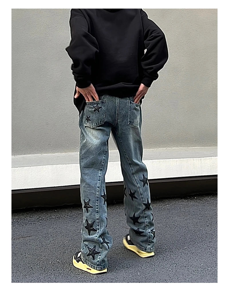 mens high street stars embroidery denim jean pants casual loose straight jeans hip hop y2k unisex pants streetwear joggers unique joggers style 3930