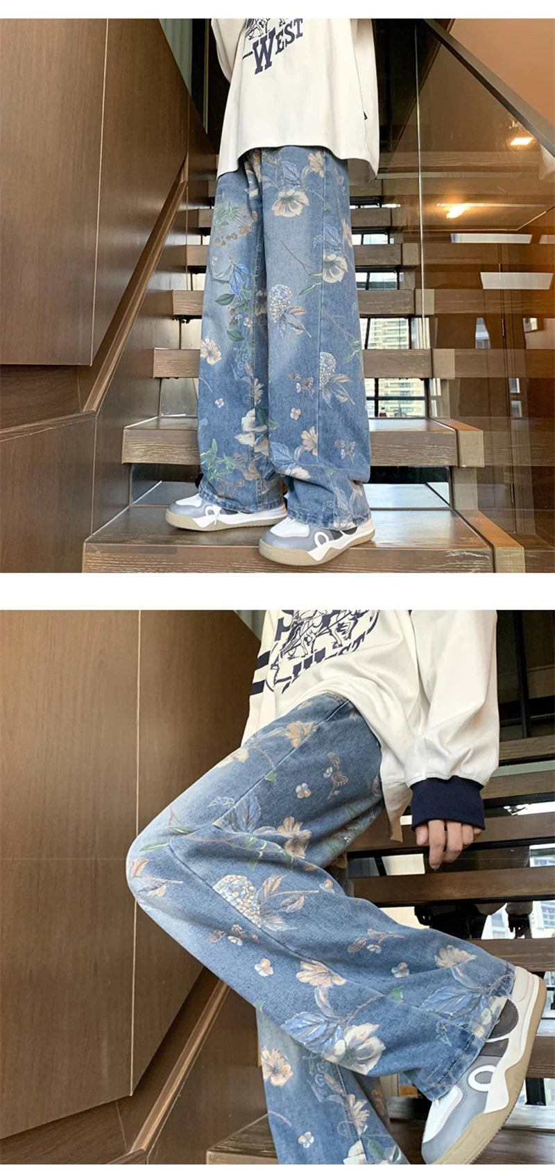 american high street floral printed jeans for men 2024 new y2k vintage denim trousers hip hop fashion wide leg baggy jean pants unique jeans style 426