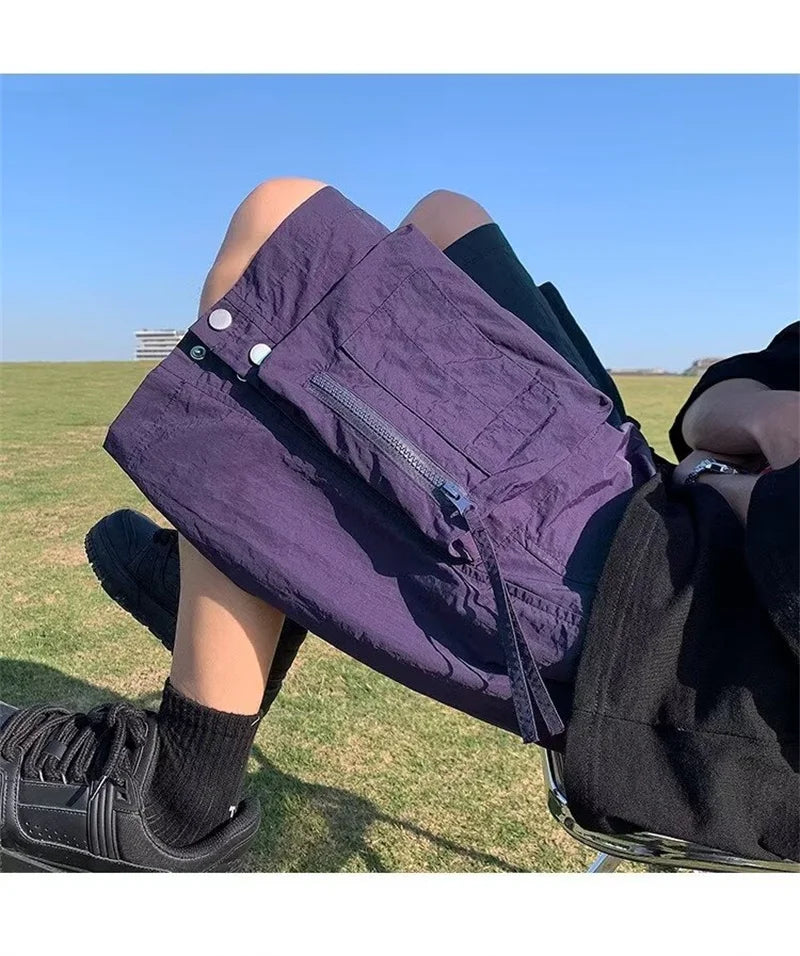 summer casual purple cargo shorts men high street drawstring pocket baggy short sweatpants y2k hip hop bermudas homme shorts unique joggers style 174