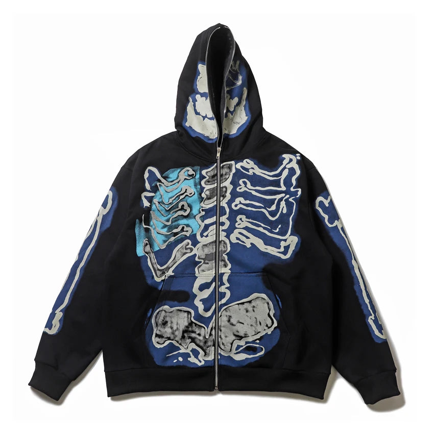 glitchcore vintage anime featuring cactus jack fashion skull skeleton hoodie zip up plush hoodie cardigan kanye oversized zipper hoodies y2k men black clothes