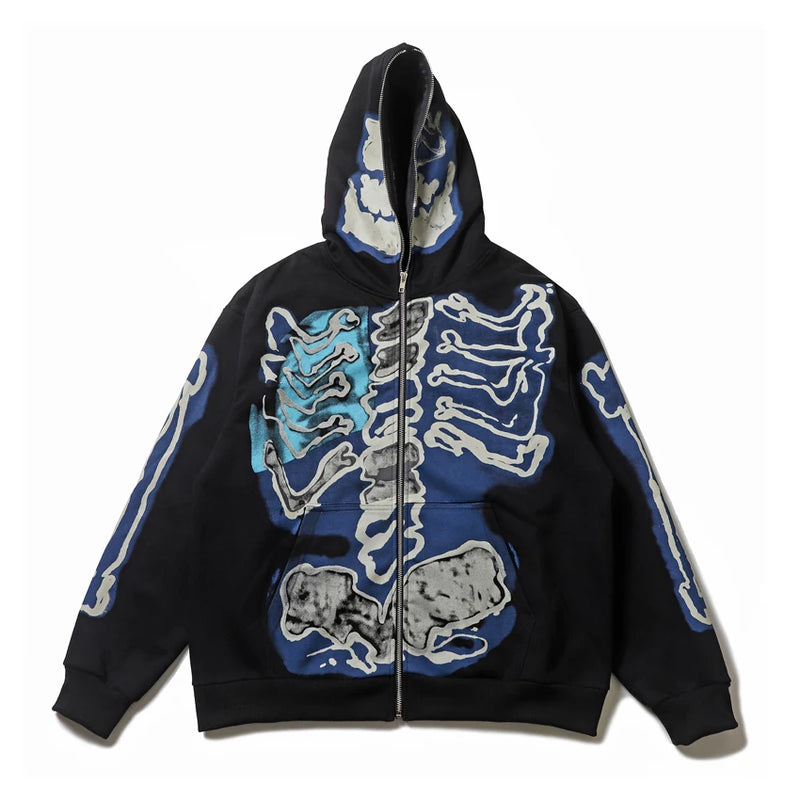 glitchcore vintage anime featuring cactus jack fashion skull skeleton hoodie zip up plush hoodie cardigan kanye oversized zipper hoodies y2k men black clothes