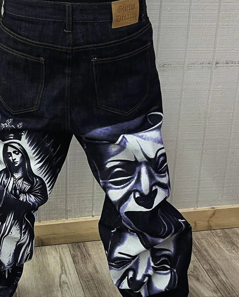 harajuku retro jeans skull print loose slouchy jeans men women y2k pants gothic skateboard pants streetwear hip hop jeans unique jeans style 3161