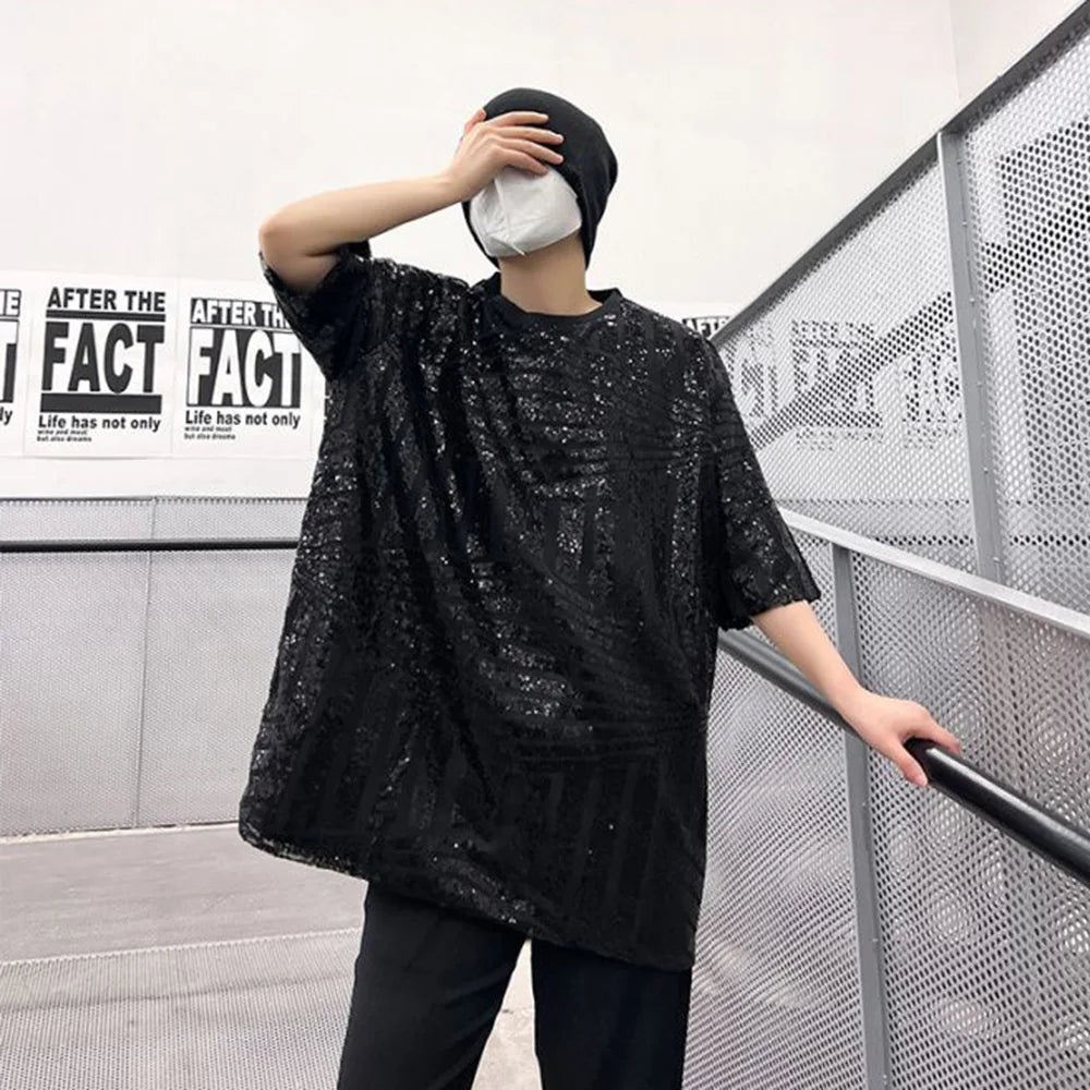 Y2k Anime panel – Mens T Shirt Gold Sequin Performance Costumes Fashion Street