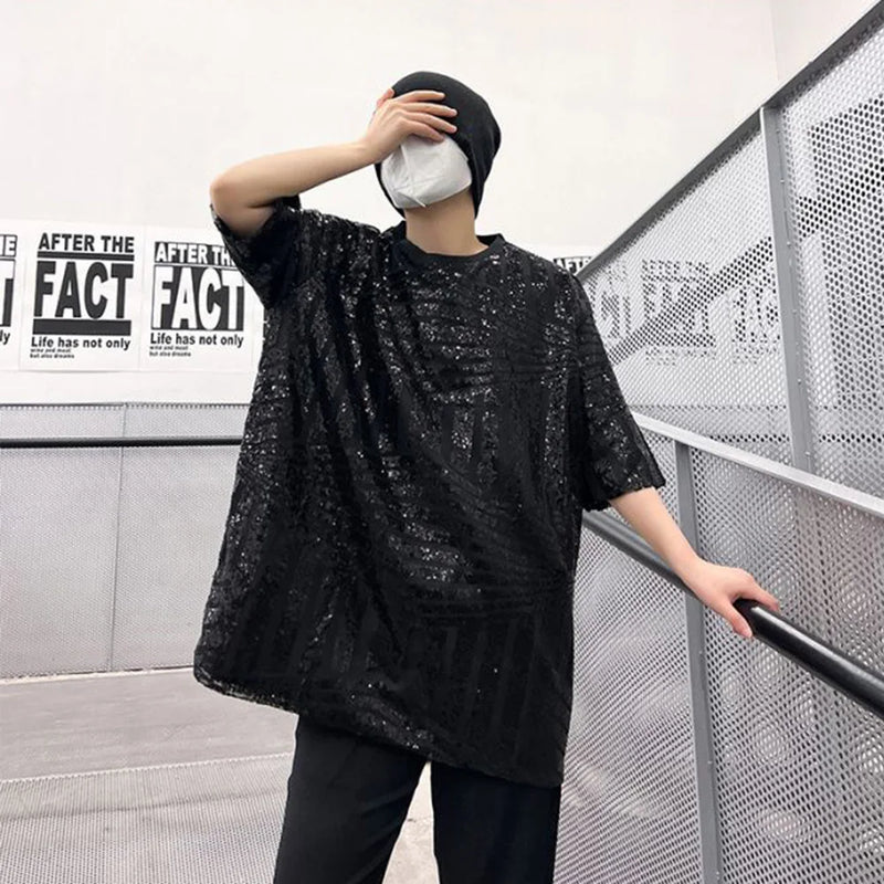 Y2k Anime panel – Mens T Shirt Gold Sequin Performance Costumes Fashion Street