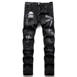 skull embroidery jeans ripped holes denim pants men zipper biker jeans streetwear slim fit y2k punk hip hop casual pants joggers unique joggers style 4165