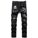 skull embroidery jeans ripped holes denim pants men zipper biker jeans streetwear slim fit y2k punk hip hop casual pants joggers unique joggers style 4159