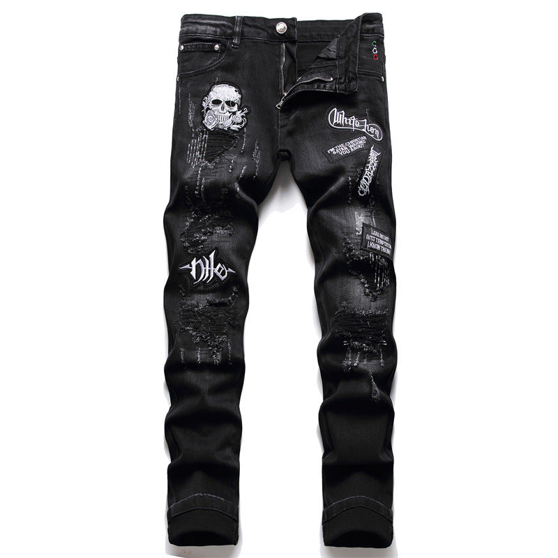 skull embroidery jeans ripped holes denim pants men zipper biker jeans streetwear slim fit y2k punk hip hop casual pants joggers unique joggers style 4165