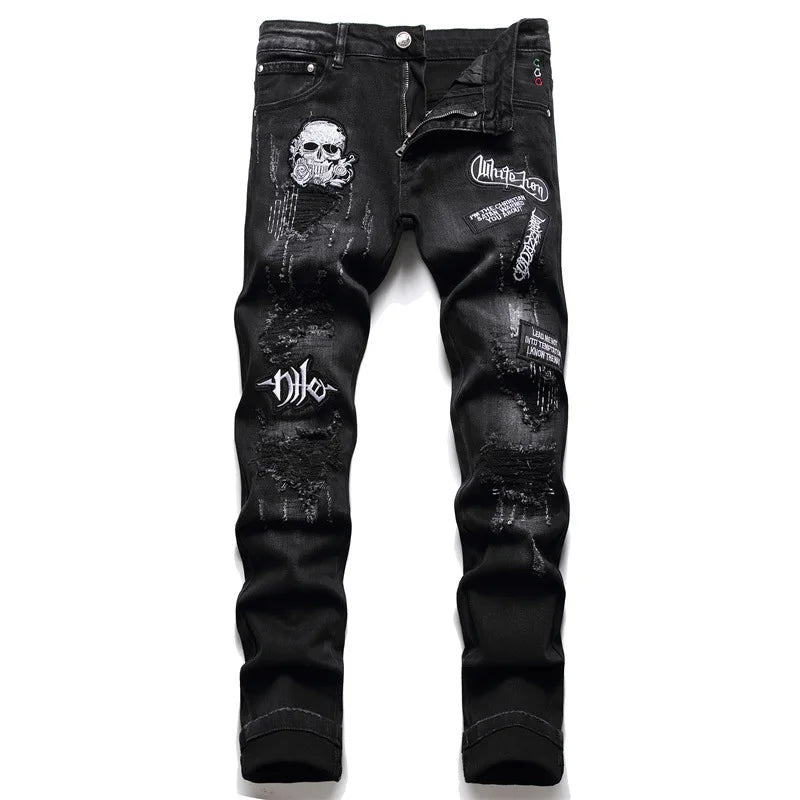 skull embroidery jeans ripped holes denim pants men zipper biker jeans streetwear slim fit y2k punk hip hop casual pants joggers unique joggers style 4159