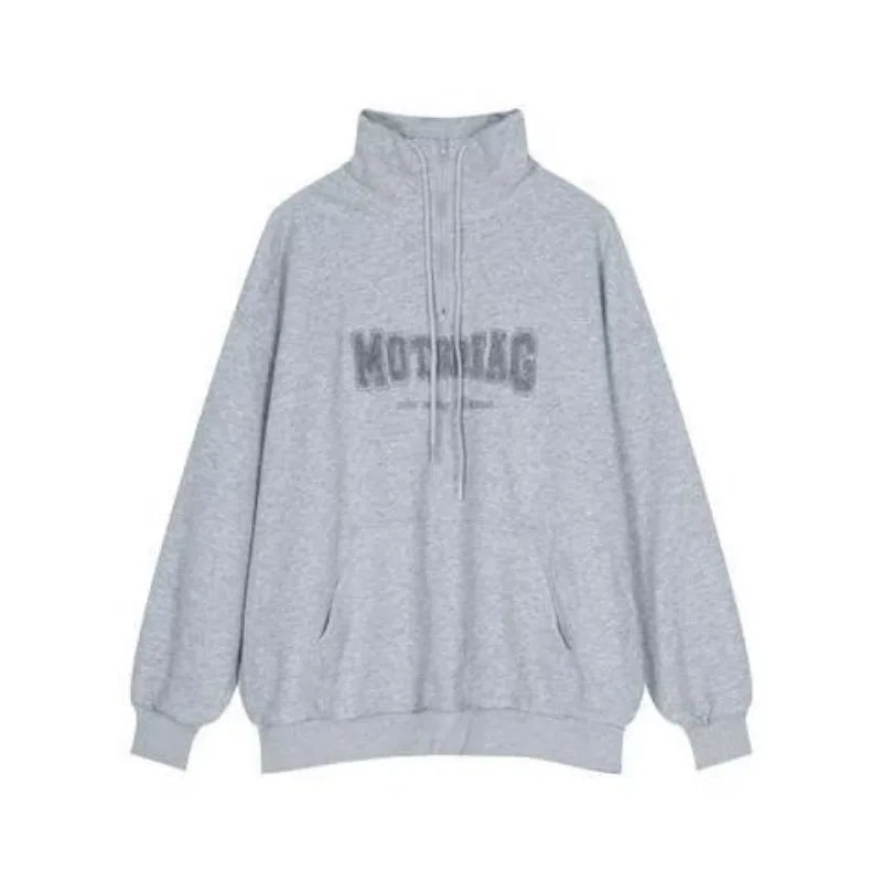 Street Half Zip Hoodie Mens Spring New Vintage Letter Embroidery Loose