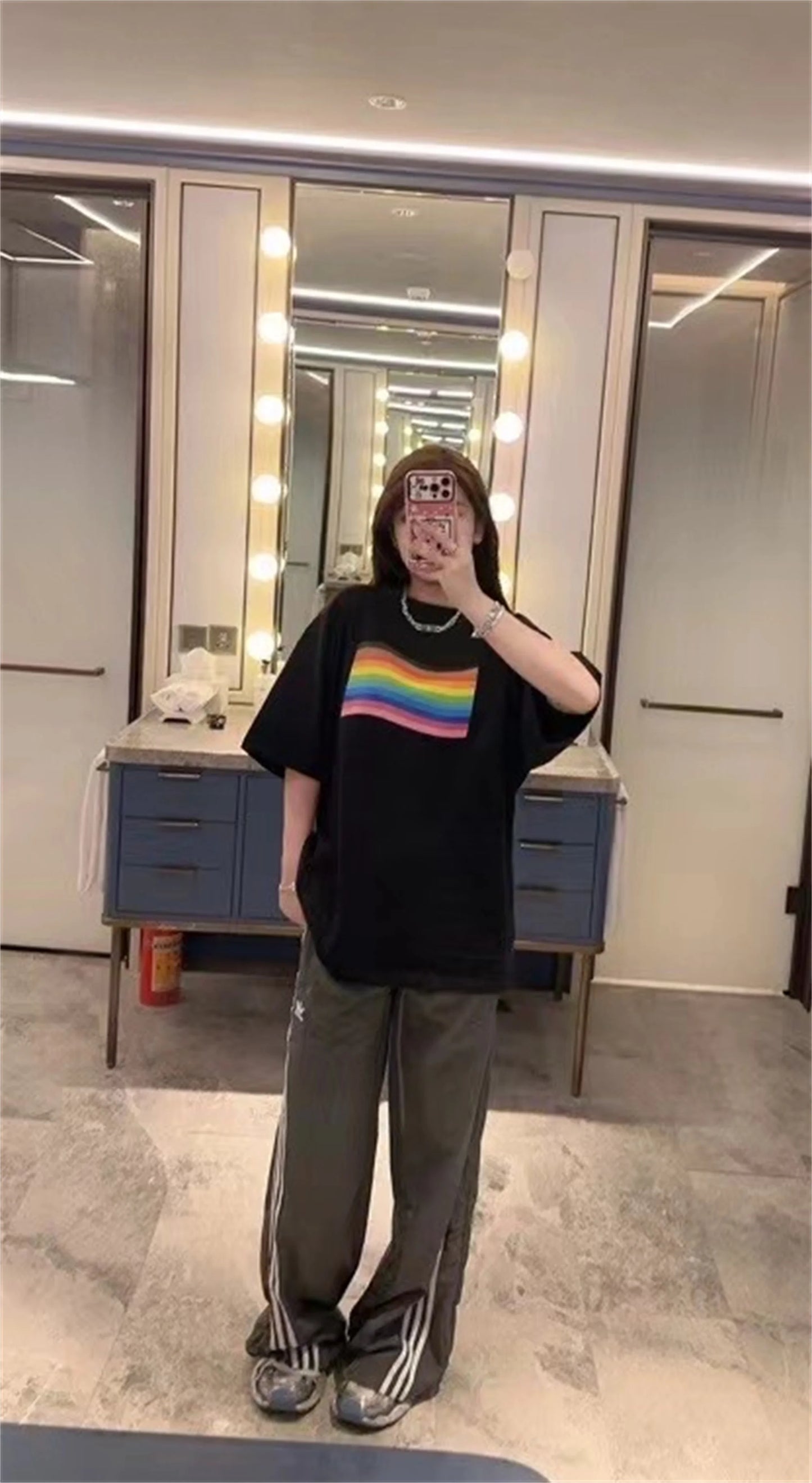 gothic streetwear top featuring 24ss balcg style rainbow flag logo printed reverse sewn pure cotton oversized loose short sleeved t shirt tops for summer