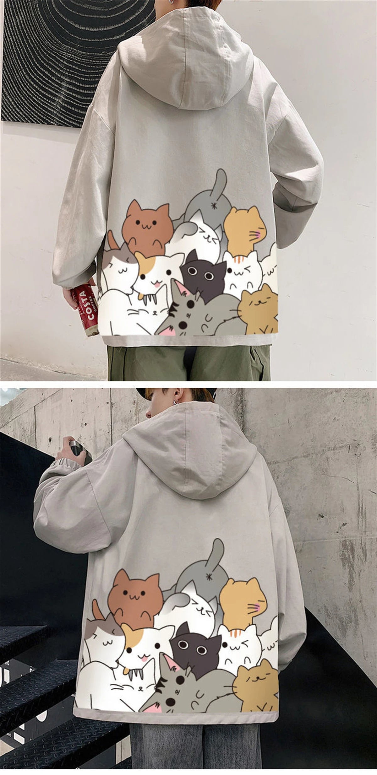 Black Cat Print Baseball Jacket Boys Long Sleeve Loose Ins Harajuku Hi