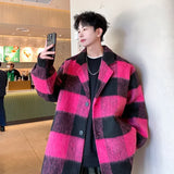 Plaid Woolen Trenchcoat Men Autumn Winter Fashion Retro Streetwear Suit Collar Loose Casual Trendy Trench Coat Outerwear