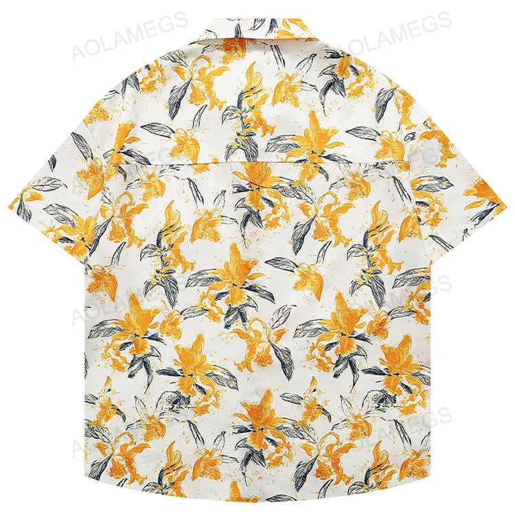 Casual Fashion Hawaiian Shirts Flower Pattern Half Sleeve Shirt Beach Fashion Versatile