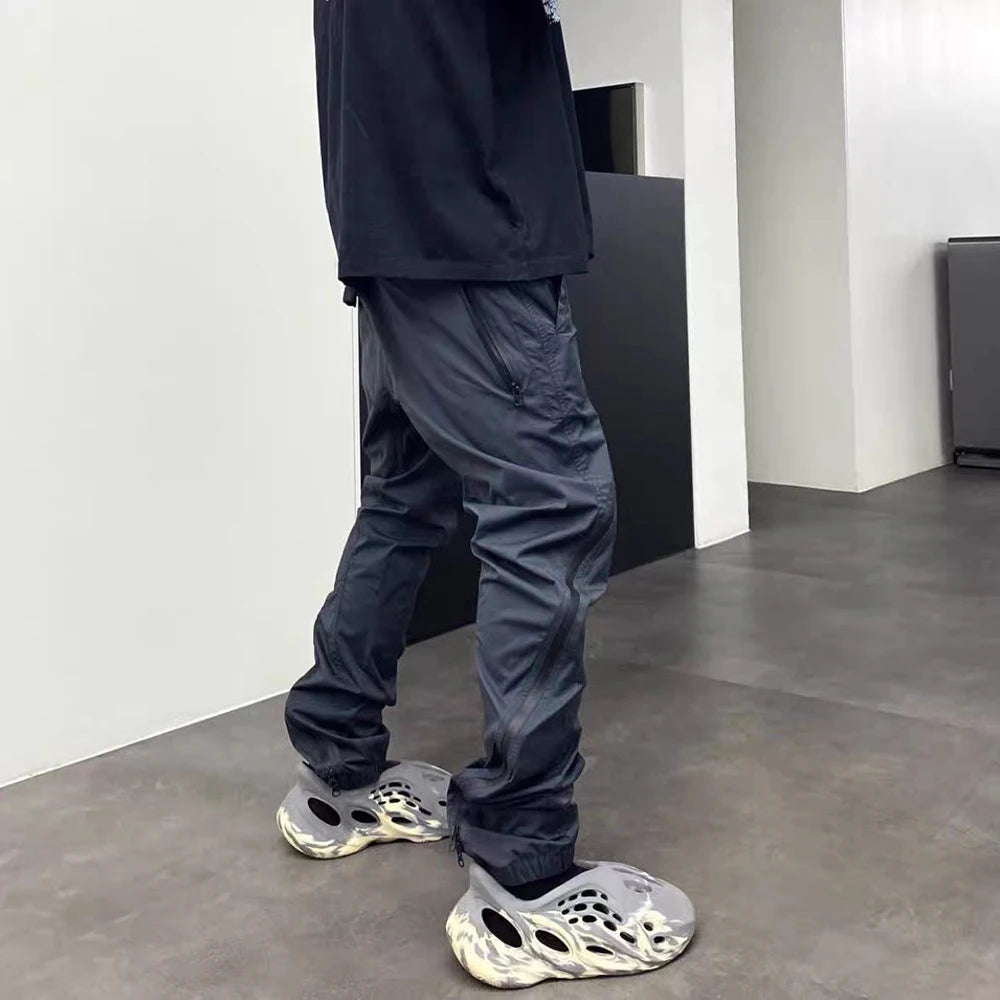 nylon deconstructed zipper up splicing cargo pant for mens black overalls streetwear function bilayer slim fit joggers pants streetwear sweatpants