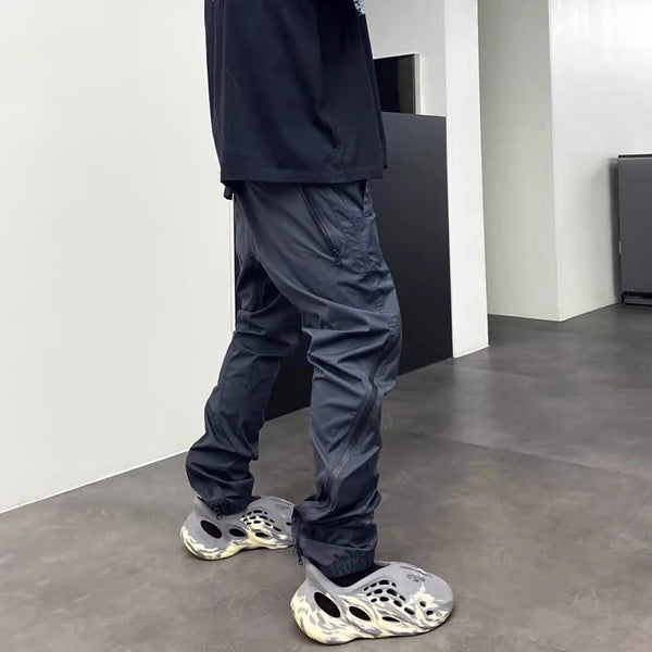 nylon deconstructed zipper up splicing cargo pant for mens black overalls streetwear function bilayer slim fit joggers pants streetwear sweatpants