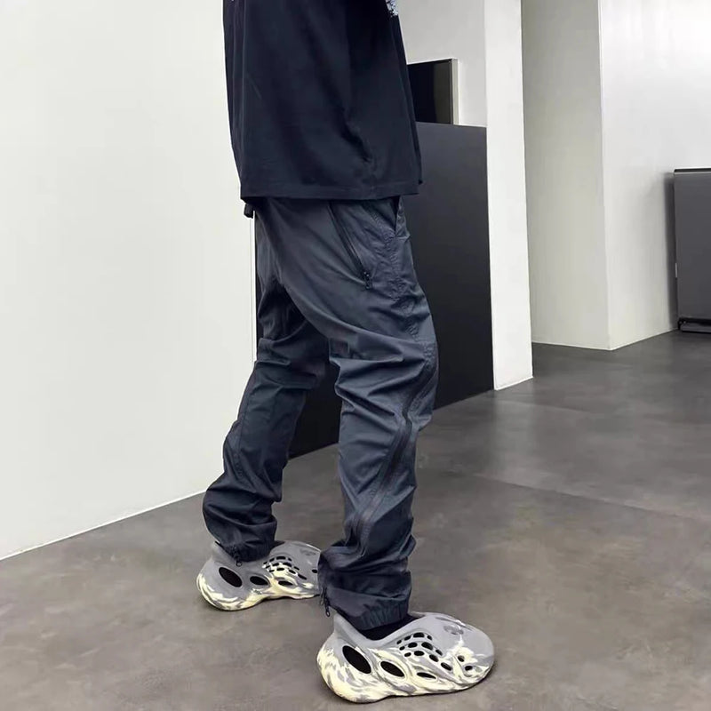 nylon deconstructed zipper up splicing cargo pant for mens black overalls streetwear function bilayer slim fit joggers pants streetwear sweatpants