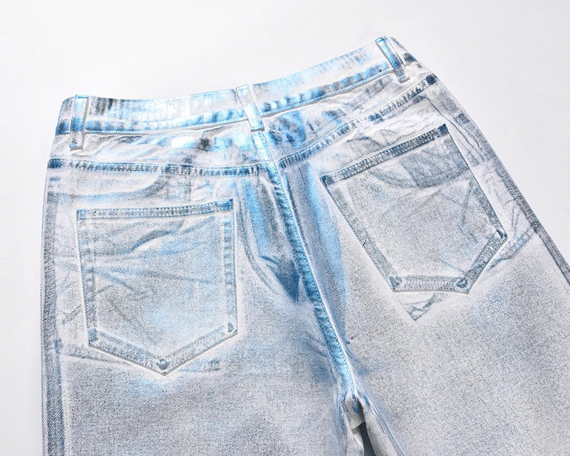 european and american retro blue reflective wax printing jeans pants slim splashing ink cleanfit couple straight leg jeans male unique jeans style 1120