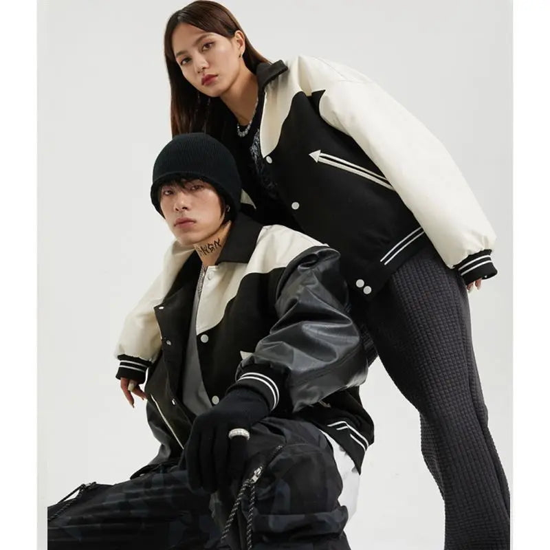 Korean Retro Street PU Leather Patchwork Baseball Jacket Men Autumn Trendy