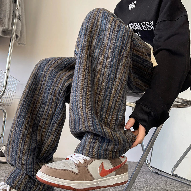high quality stripe plaid mens trousers baggy straight fashion classic padded autumn winter casual pants male plus size m 8xl unique default style 1190