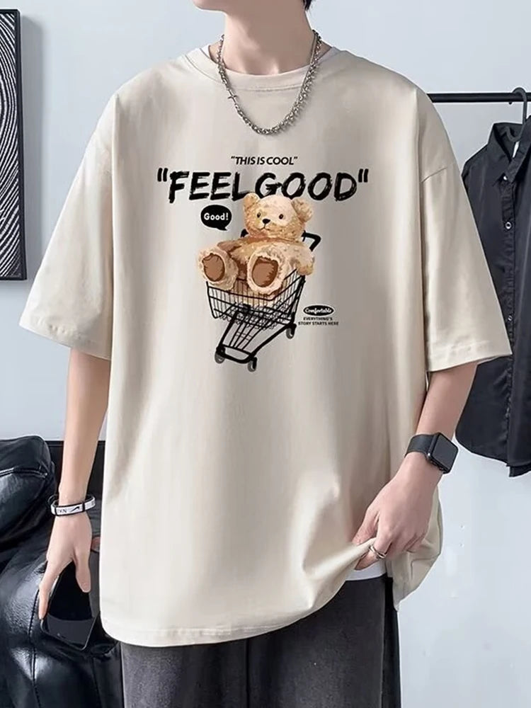 Anime Graphic tee – Funny Feel Good Bear Print Tops Man Casual Oversize T Shirt