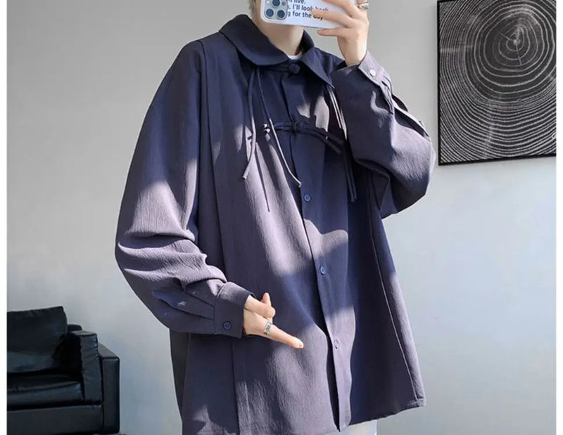Shirts for men spring and autumn style national fashion design loose and versatile large size outer wear lapel long sleeved tops