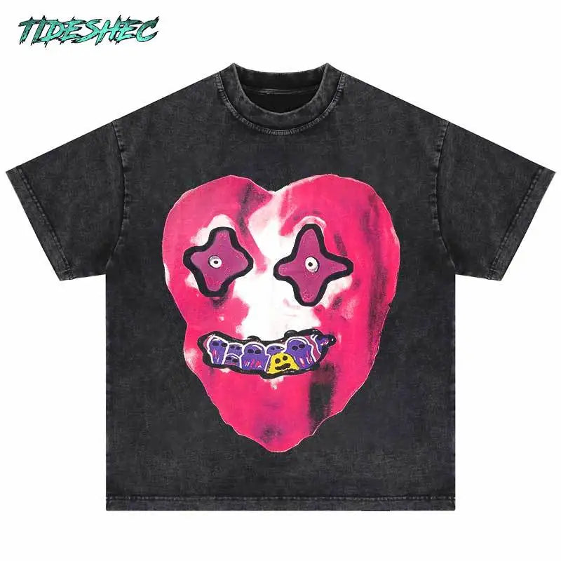 Gothic Streetwear – Men Hip Hop Washed T Shirt Streetwear Funny Heart Monster Pr – Urban Streetwear for Men & Women
