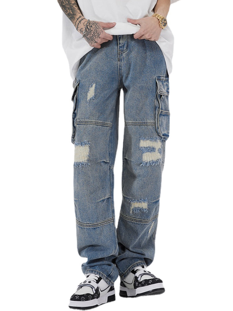 mens baggy jeans side big pocket distressed ripped denim jean straight pants high street cargo jean pants hip hop joggers jeans unique joggers style 2994