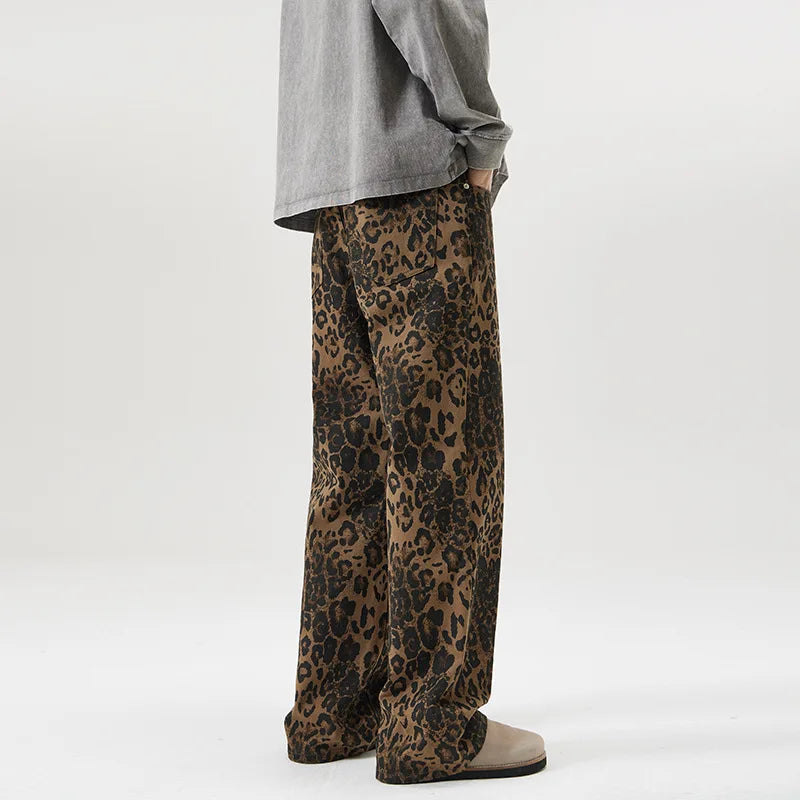 men leopard print denim loose casual plus size baggy jeans women streetwear hip hop straight y2k jeans pants trousers vintage washed jeans