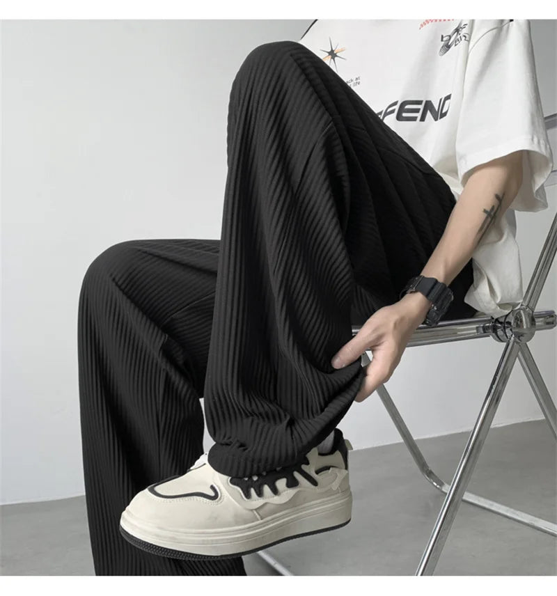 summer texture straight pants for men korean fashion baggy wide leg trousers casual drape pleated striped y2k pantalones hombre unique default style 500