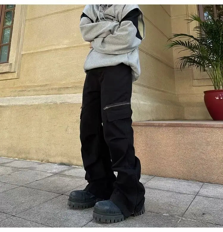 brand pants casual pants multi pockets checked cloth straight loose solid korean multi pocket fashions harem trousers cargo pant unique cargo style 1428