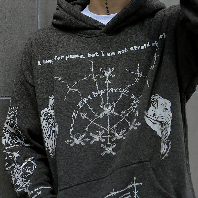 2023 Hip Hop Hoodie Sweatshirt Men Streetwear Skull Graffiti Print Hoodie Pullover Cotton Autumn Grey Harajuku Punk Clothes New